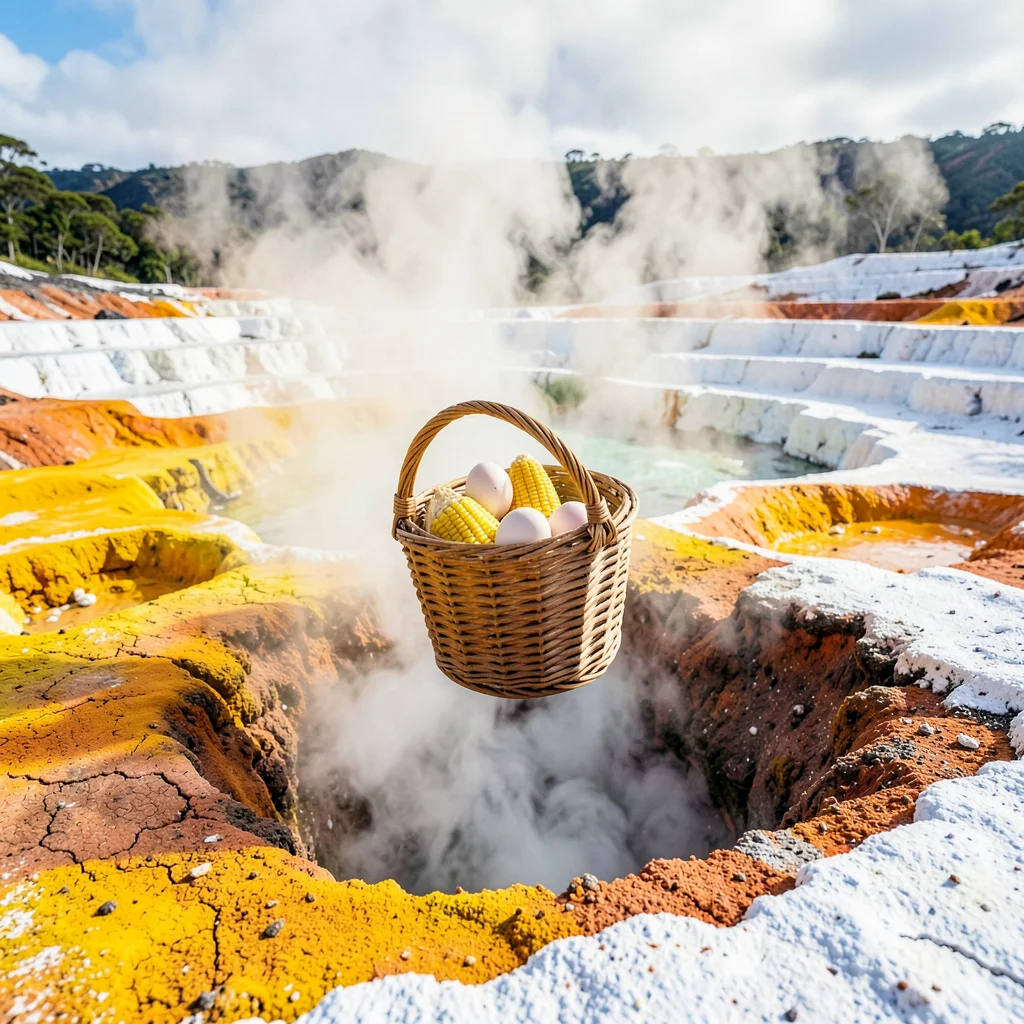 Rotorua geothermal landscape, active earth palette, Food cooked in geothermal st