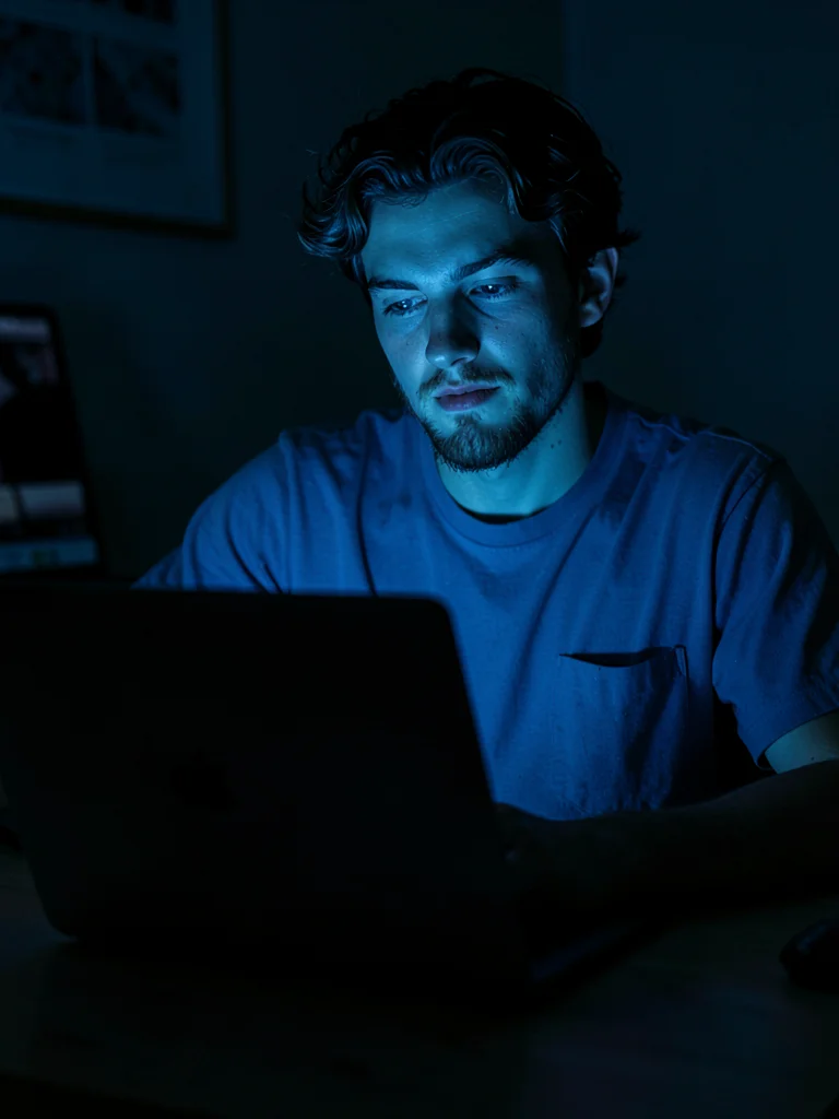 Face lit only by laptop screen in dark room with unflattering blue