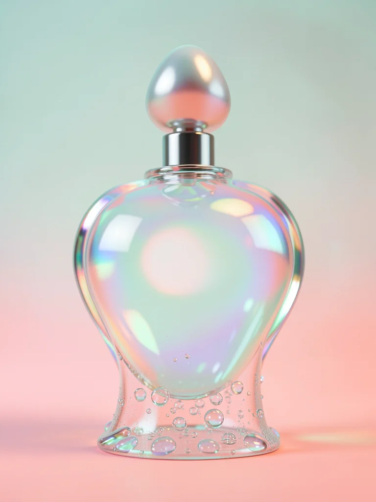 Glossy translucent perfume flask with a pearlescent cap suspended over a coral-m