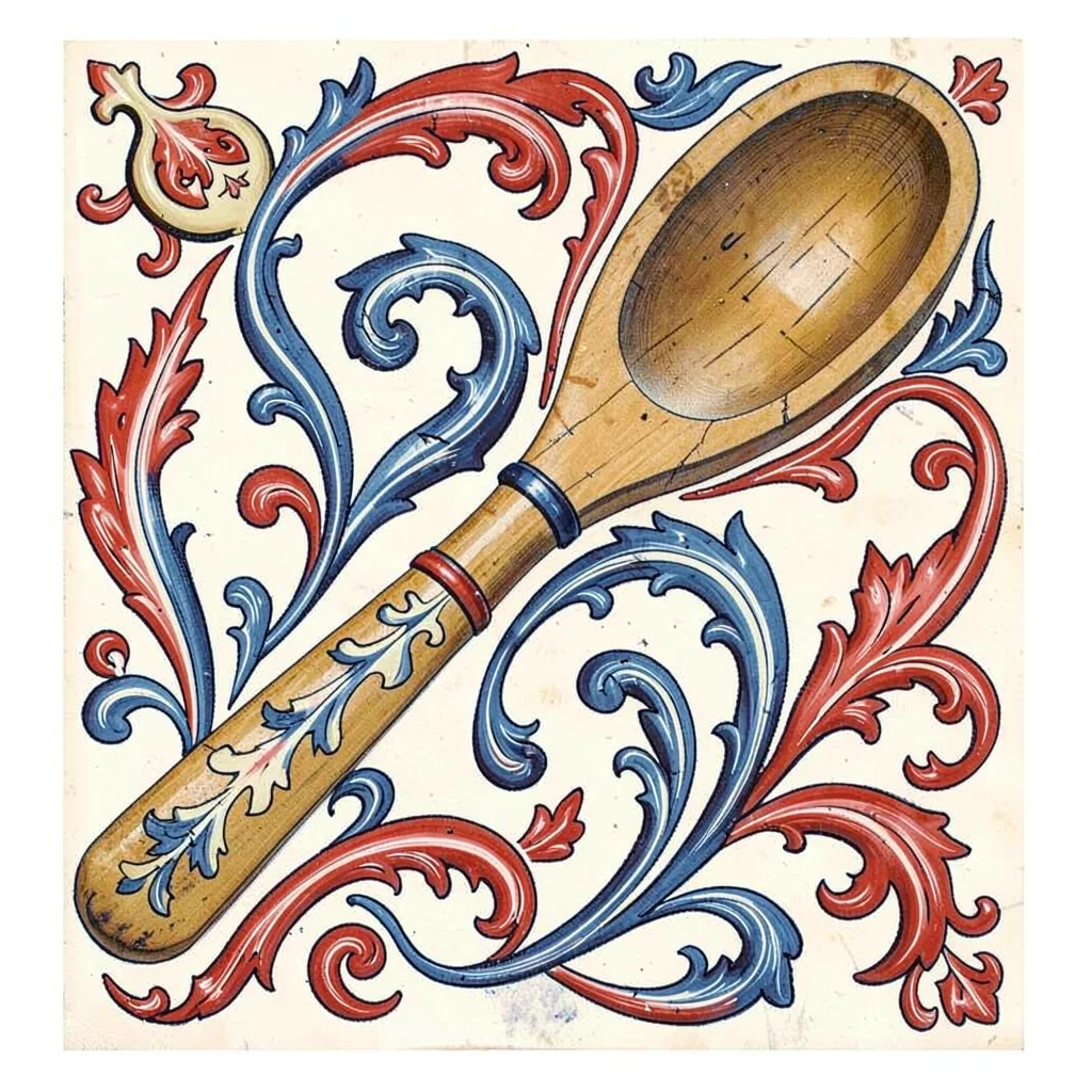 Scandinavian rosemaling illustration, a traditional wooden spoon with painted ha