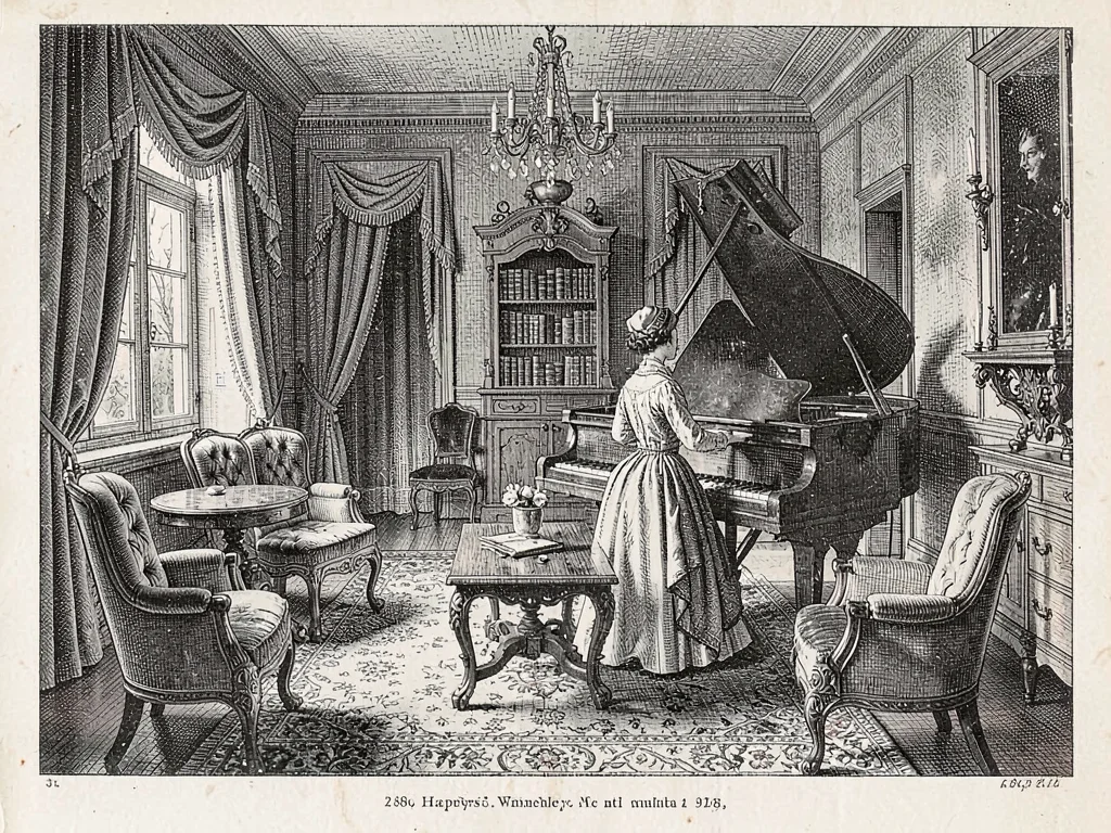 Victorian parlor with woman playing piano