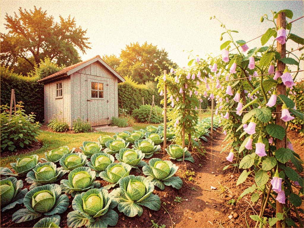 An allotment garden with a small shed, rows of cabbages, and a line of sweet pea