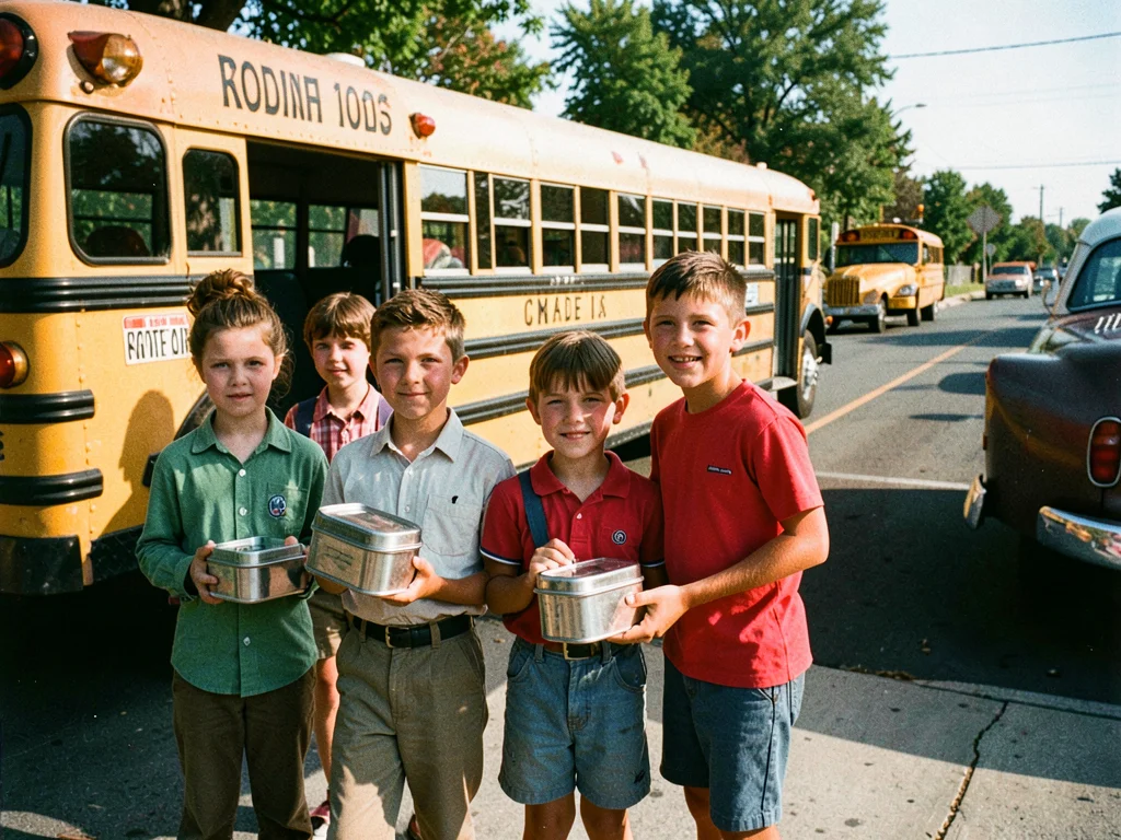 School bus stop, kids with metal lunch boxes, morning light, authentic 70s cloth
