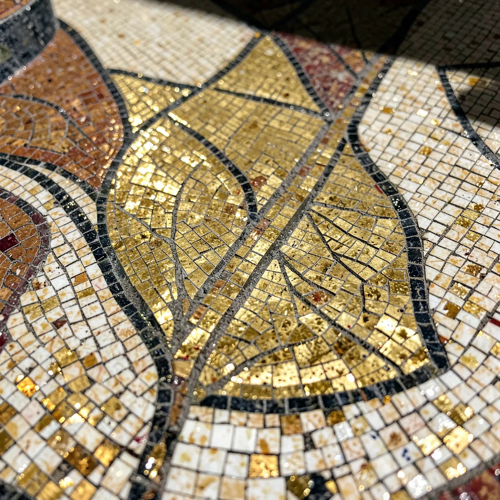 Close-up of opus vermiculatum — fine tesserae following the curves of a leaf or 