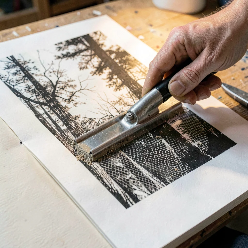 Screenprint inside spread of a hand pulling a squeegee across an exposed mesh, w