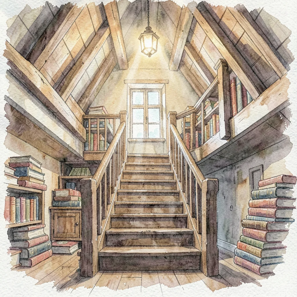 Watercolor of a circular staircase climbing past stacks of books to an attic lof