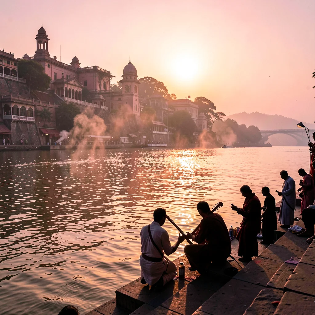 Varanasi ghat dawn, Ganges pink-gold light, musician playing at water edge, inst