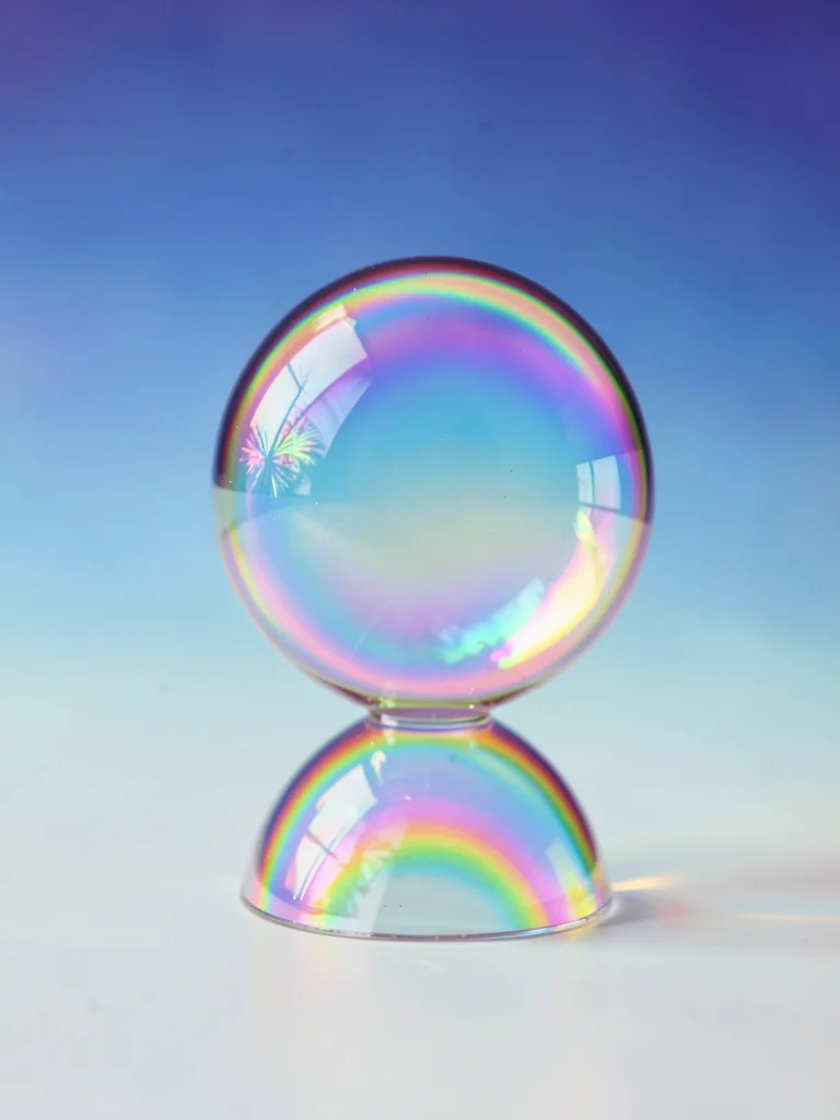 Lone perfect droplet hovering and catching the entire gradient sky inside its do