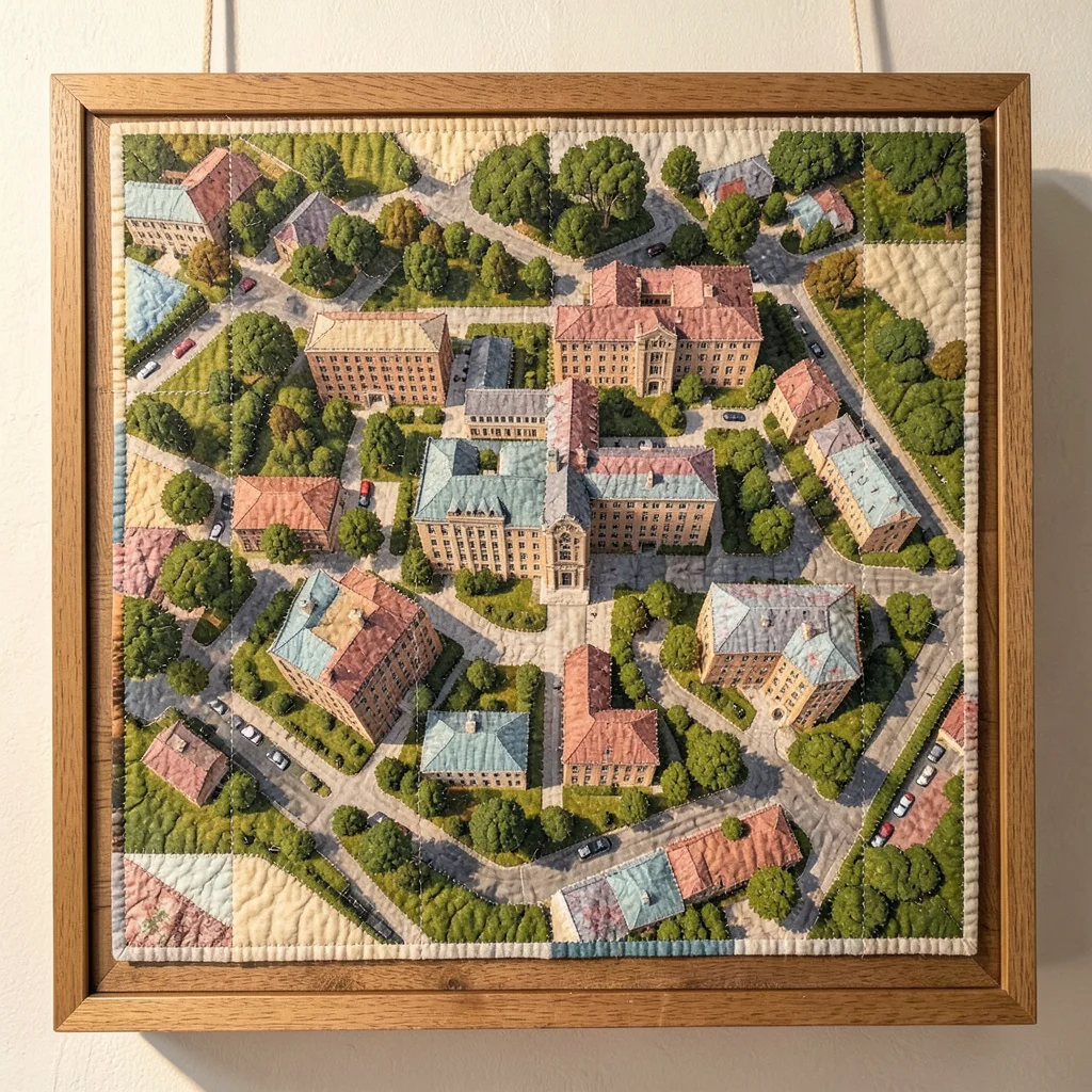 Quilted textile interpretation of university campus from above, fabric buildings