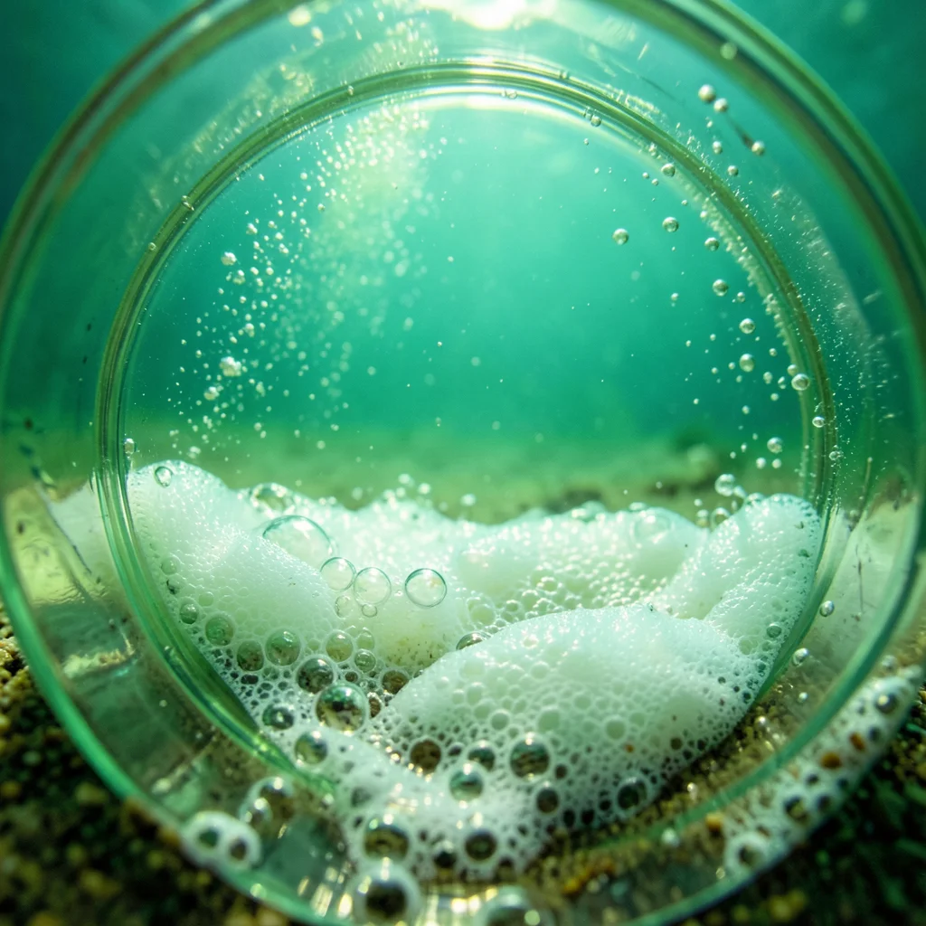 Sea foam macro — dense bubble lattice on wet sand after wave retreat, bubbles of