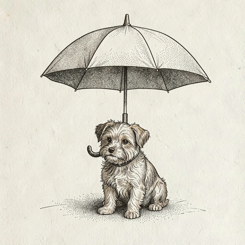 Hand-drawn pen-ink scene of an umbrella over a small dog, scratchy line, sepia w