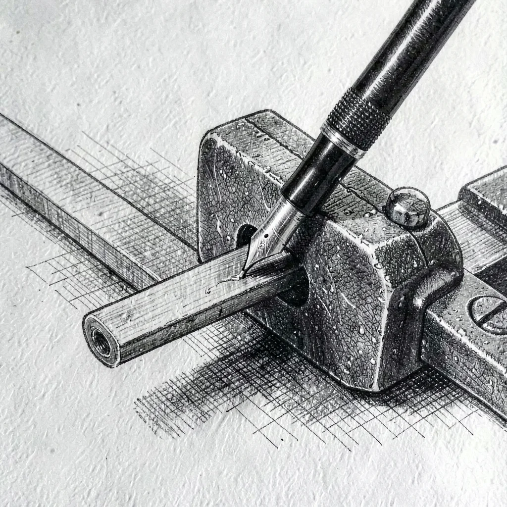 Tight pen-ink drawing of a barrel vise gripping a length of steel, cross-hatch s