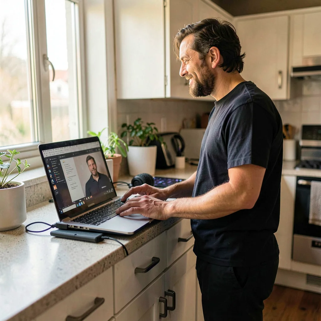 Documentary photograph, Digital nomad setup at kitchen counter, laptop with exte