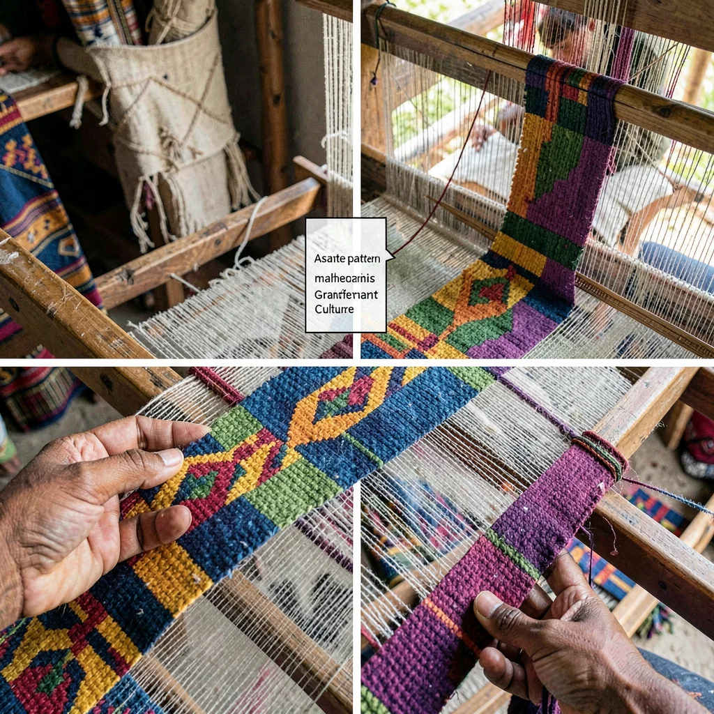 Kumasi kente weaving process, strip loom geometry, Geometric color blocks emergi
