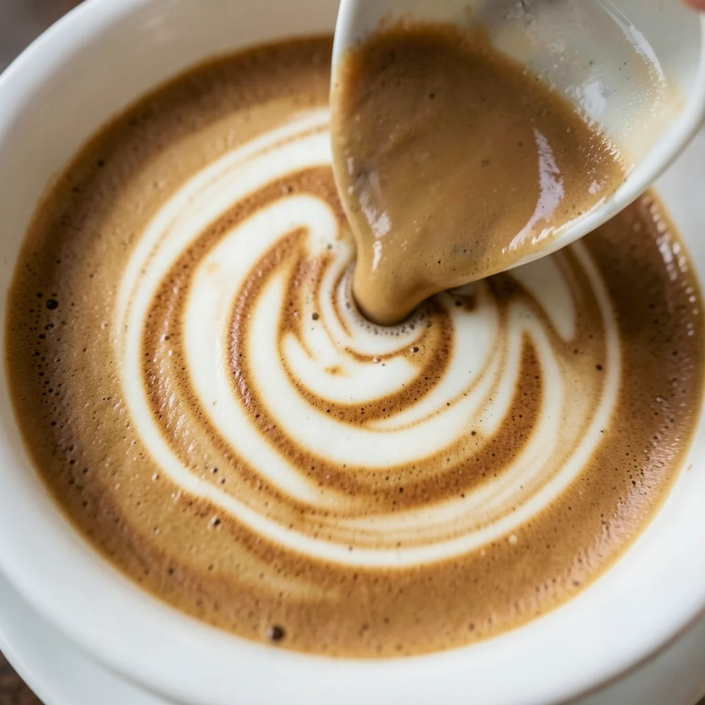 Coffee cream just after pour, swirling fractal patterns not yet mixed, overhead 