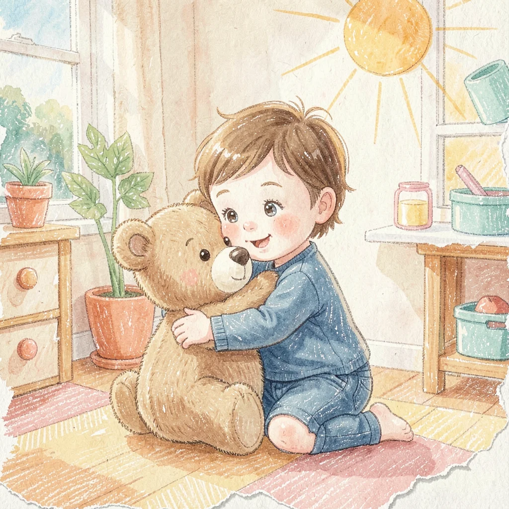 Toddler hugging a plush bear in a sunny playroom, paper-soft warm tones