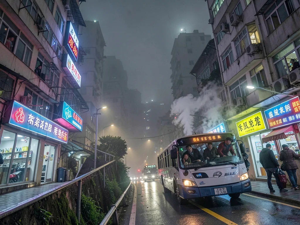Night bus on steep Chongqing road