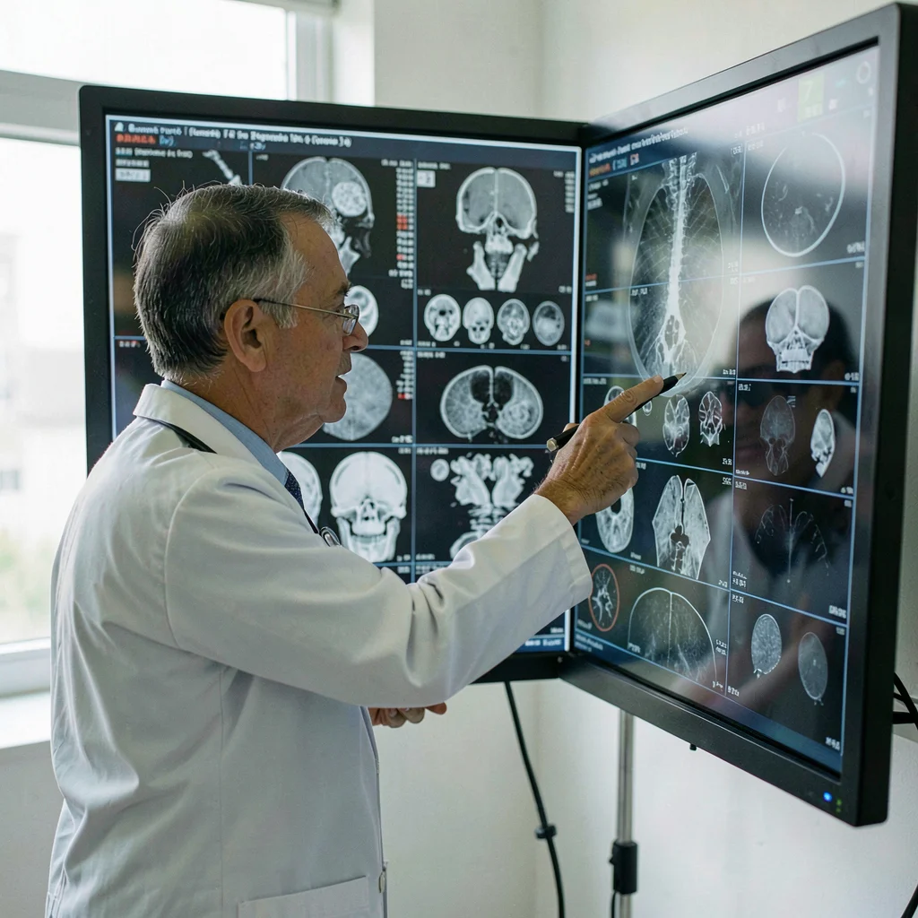 Documentary photography, unposed moment, Doctor reviewing imaging results on lar