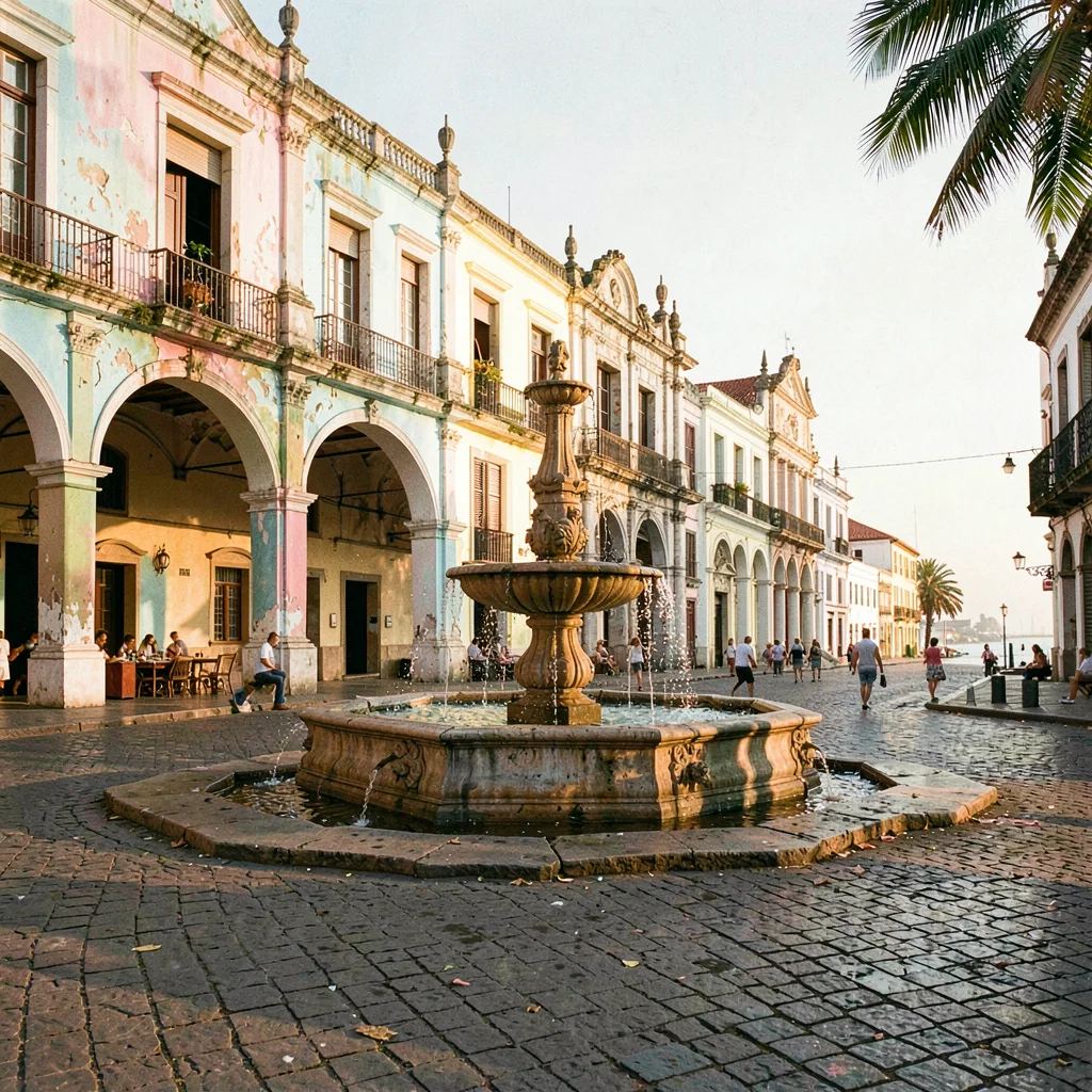 Faded pastel decay of Havana, Cuba, Plaza Vieja fountain, colonial arches around