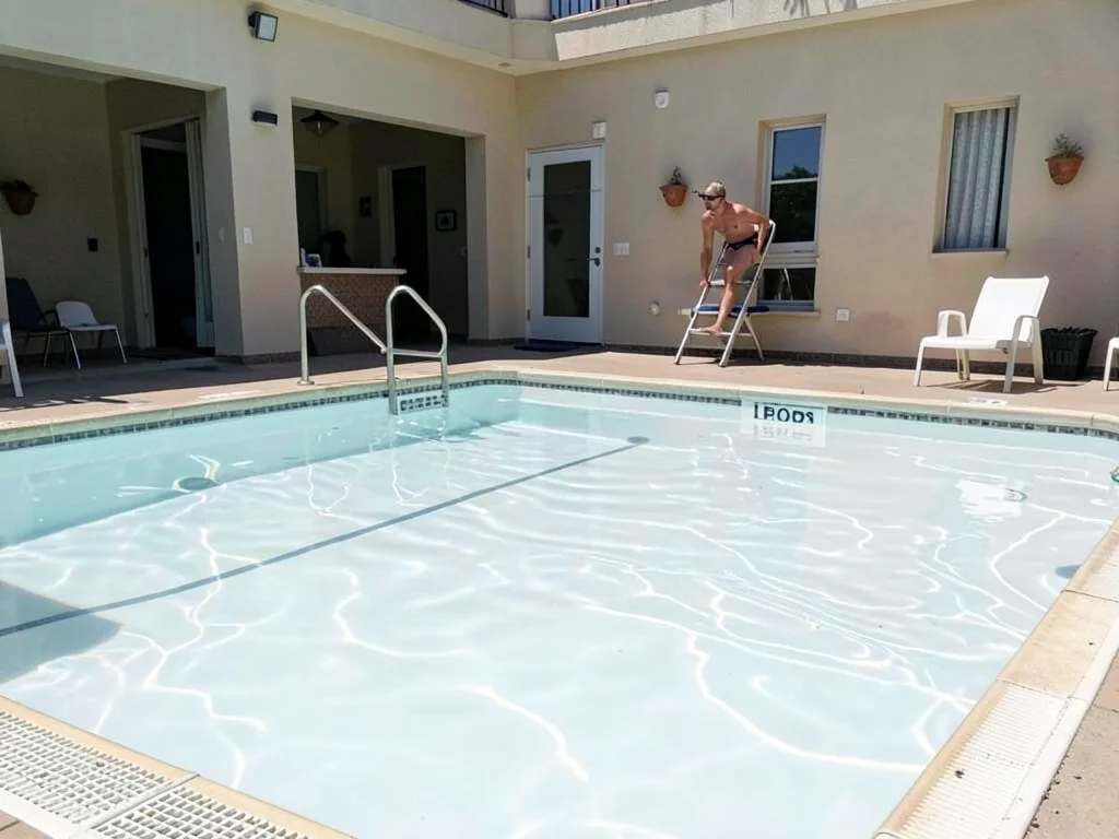An empty public pool at noon, the water so chlorinated and sun-struck it appears