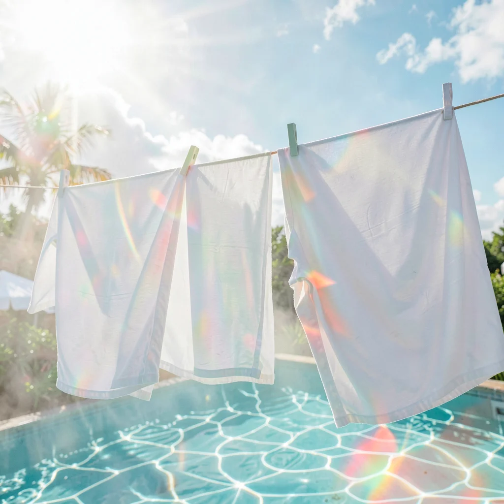 Soft diffused tropical light filtering through water vapor, Laundry drying on a 