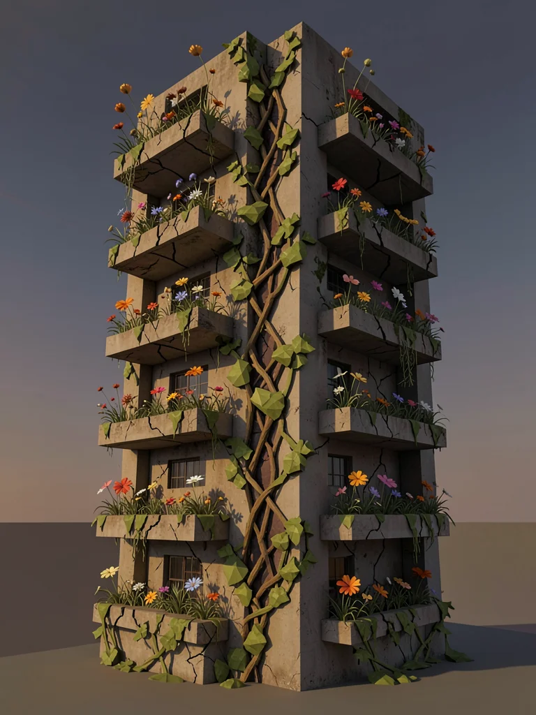 Faceted brutalist tower split by a vertical seam of polygonal climbing vines, ge
