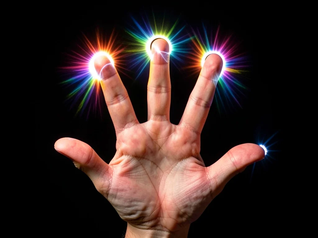 A human hand — all five fingertips each with separate radiating plasma halo