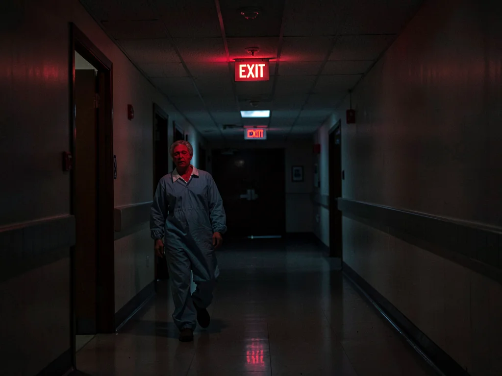 Hospital hallway 2am, patient shuffling past EXIT sign, the gowned midnight walk
