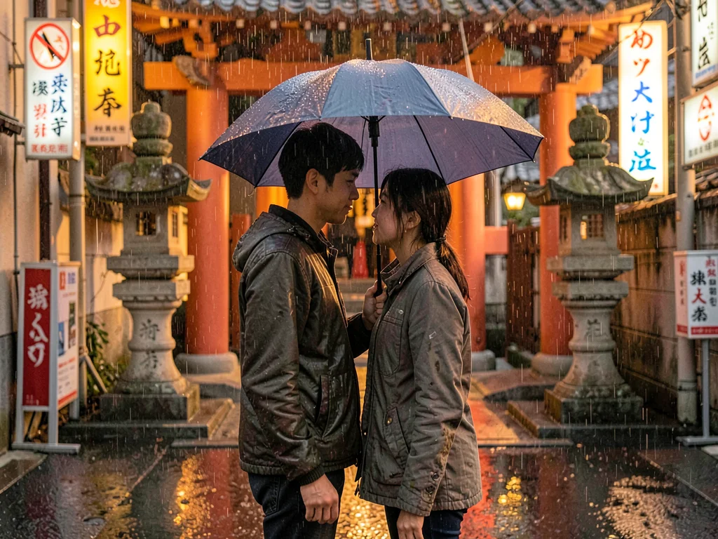 Young couple under one umbrella at a shrine entrance, rain on stone lanterns, no