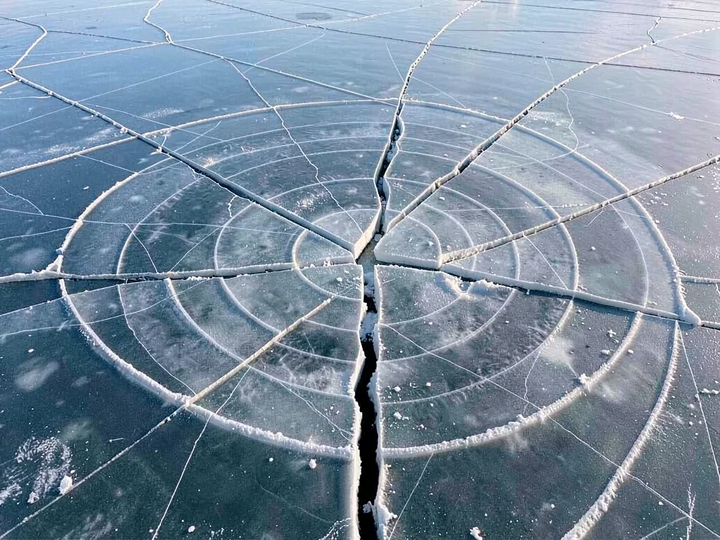Ice rotation creating spiral crack pattern