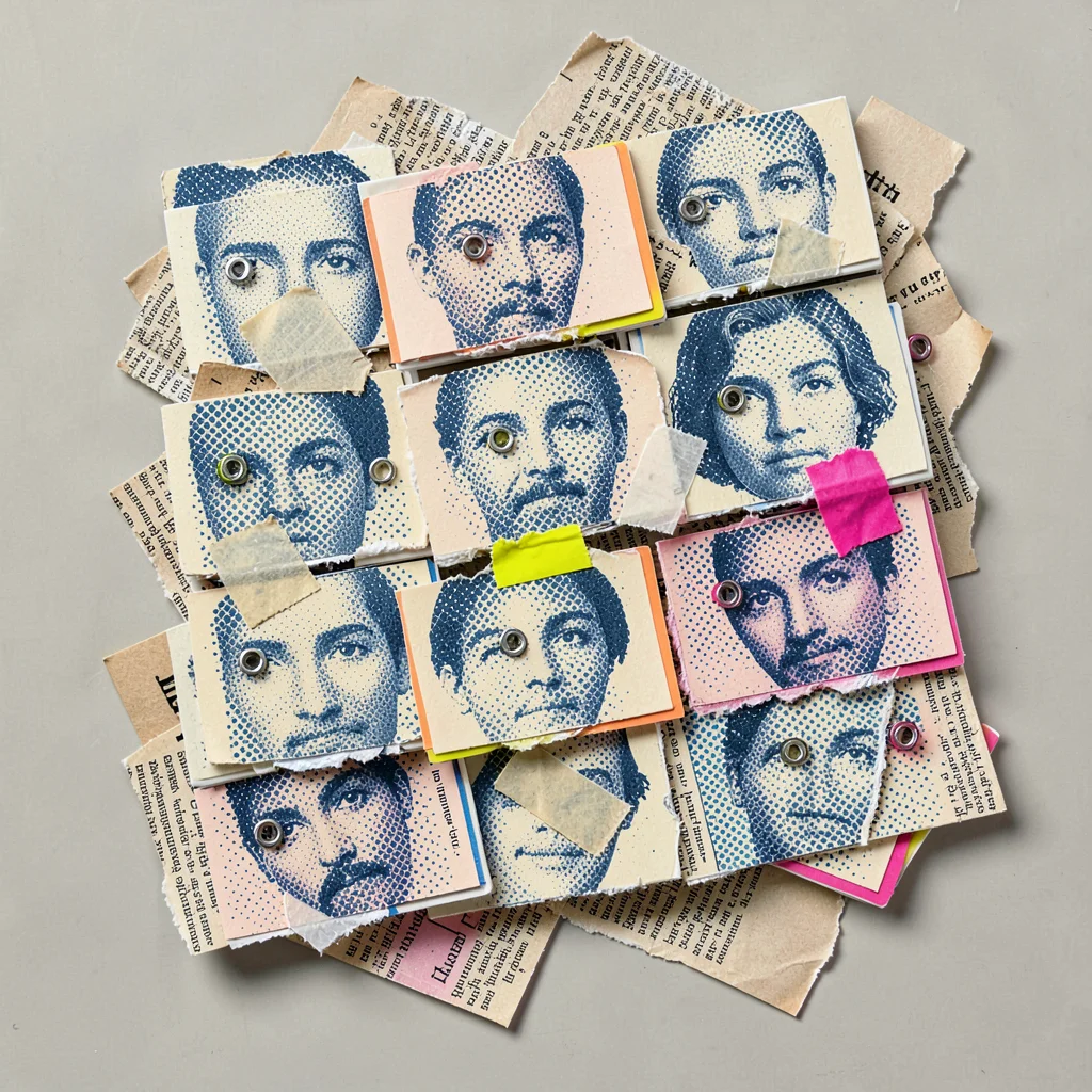 Collage of a stacked rolodex of paper cards, each card a different cut of magazi