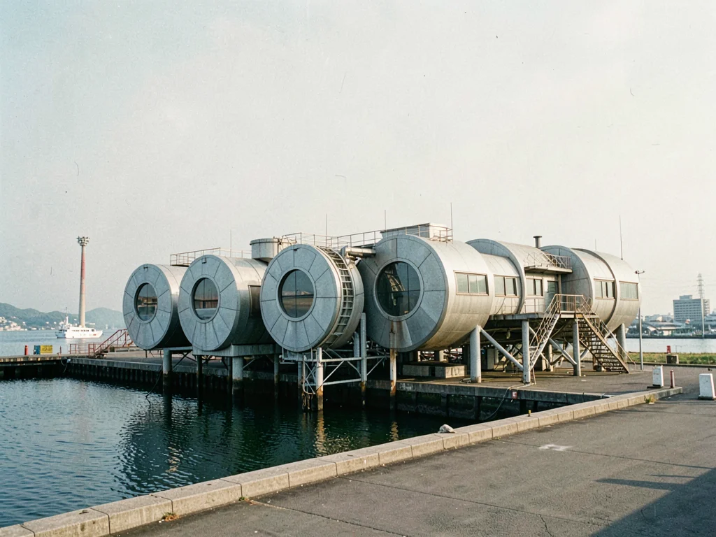 Wide shot of a Metabolist housing block set against flat industrial waterfront —