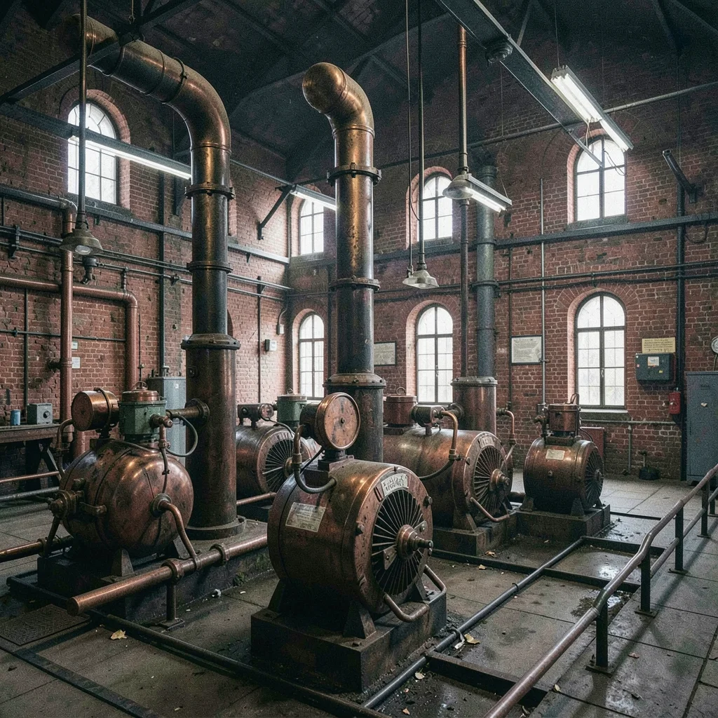 Textile factory ghosts in industrial Łódź, power room generators silent, copper 