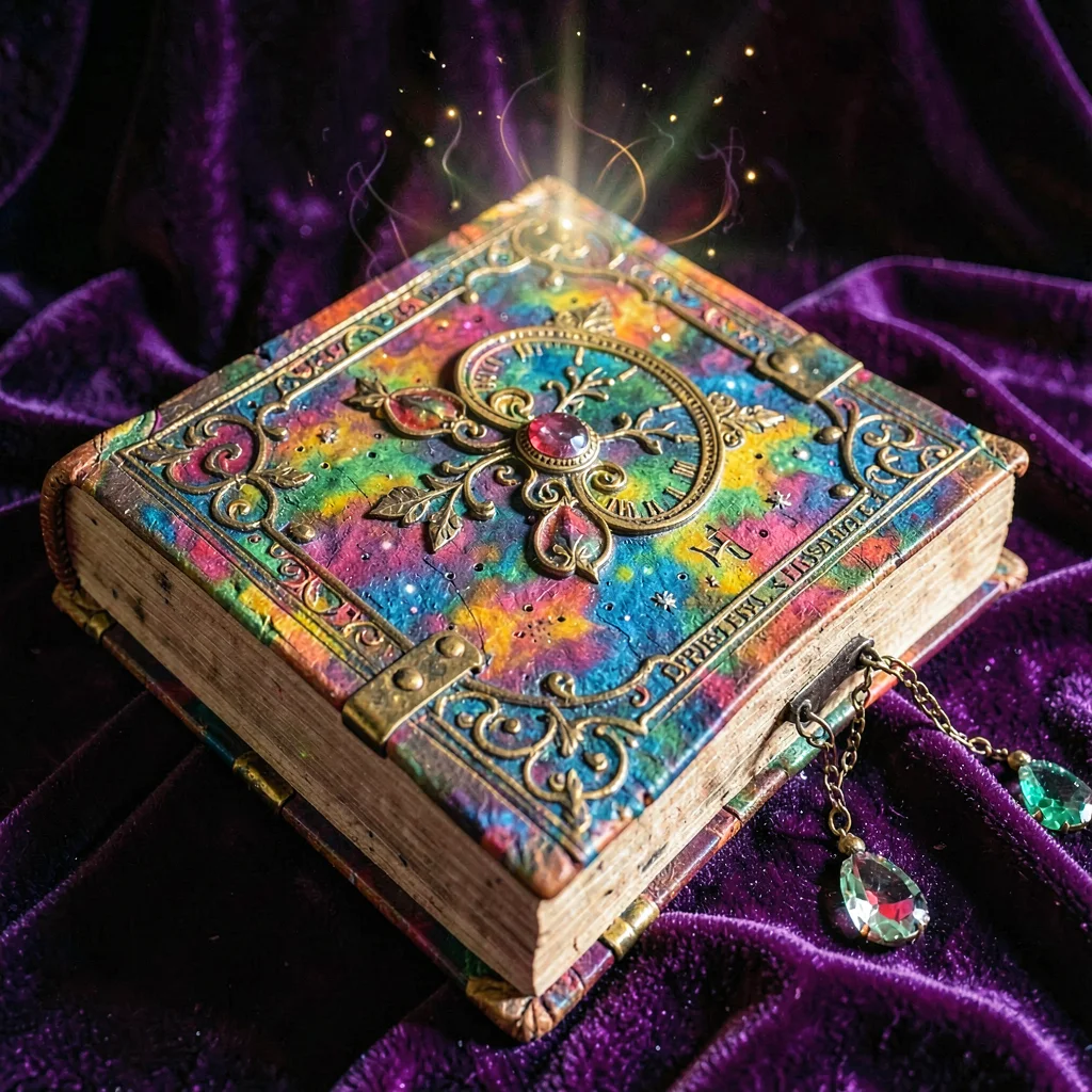 Ornate prop study of a relic tome with brass clasps and gemstone bookmark, lying