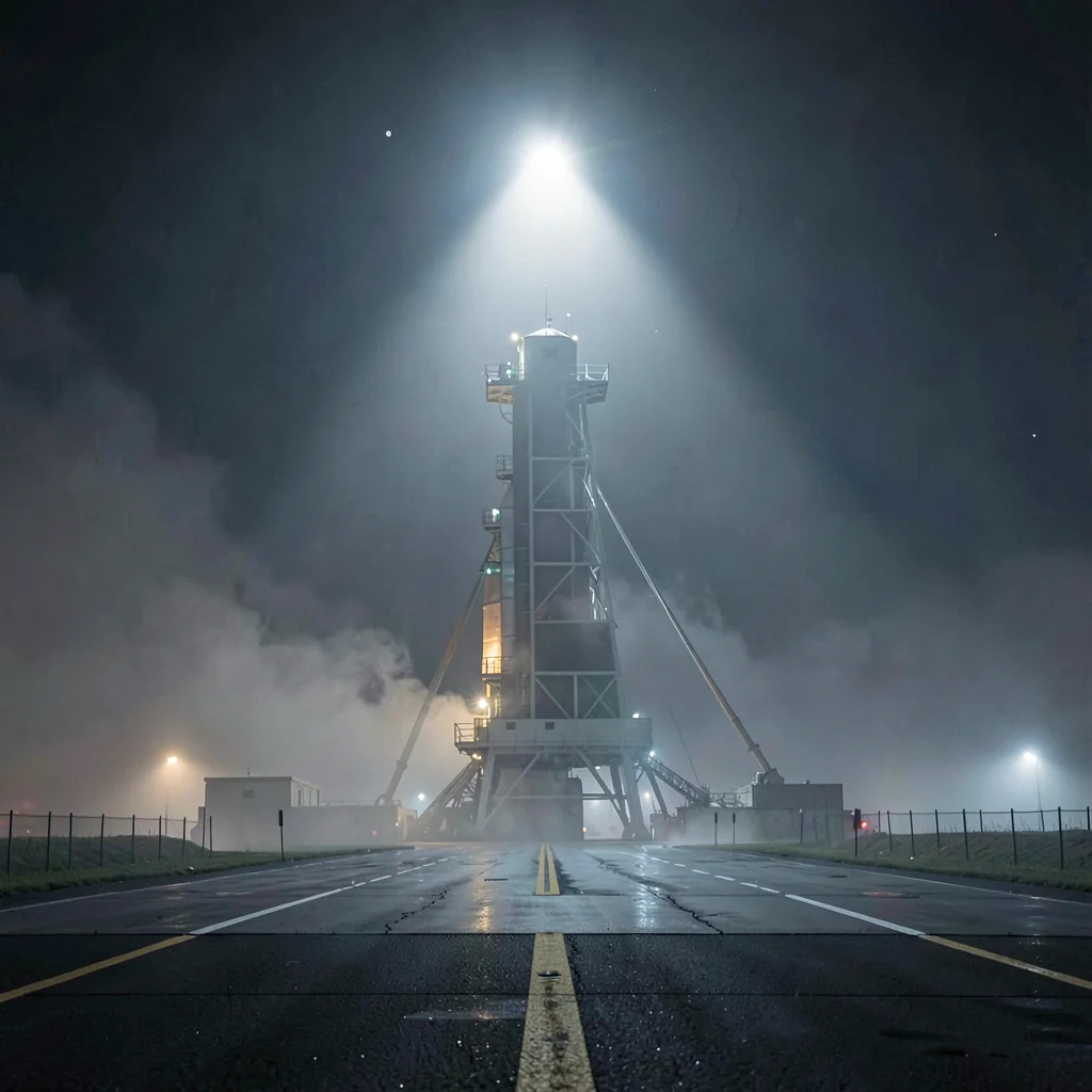 Wide nocturnal view of a launch pad standing under floodlight, low fog drifting