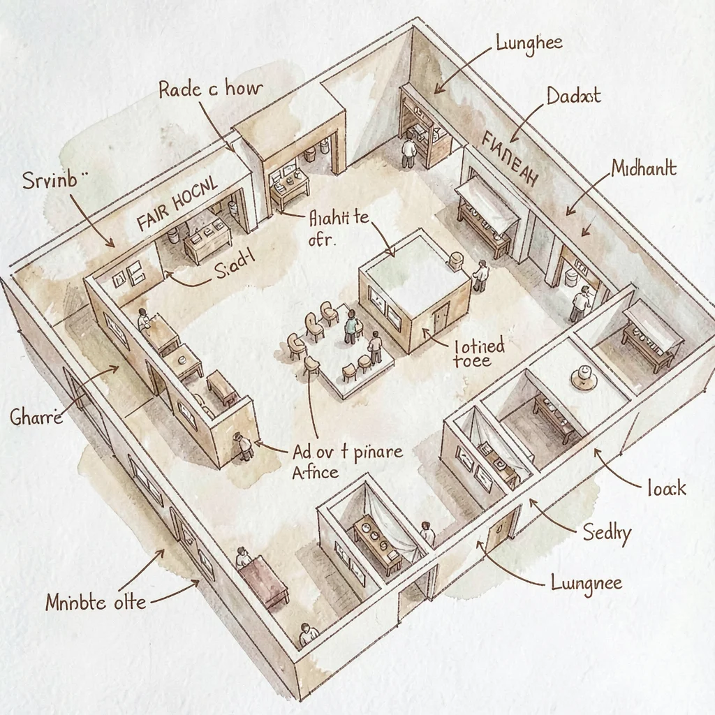 Hand-drawn illustrated floor map of the fair hall with annotated booths and loun