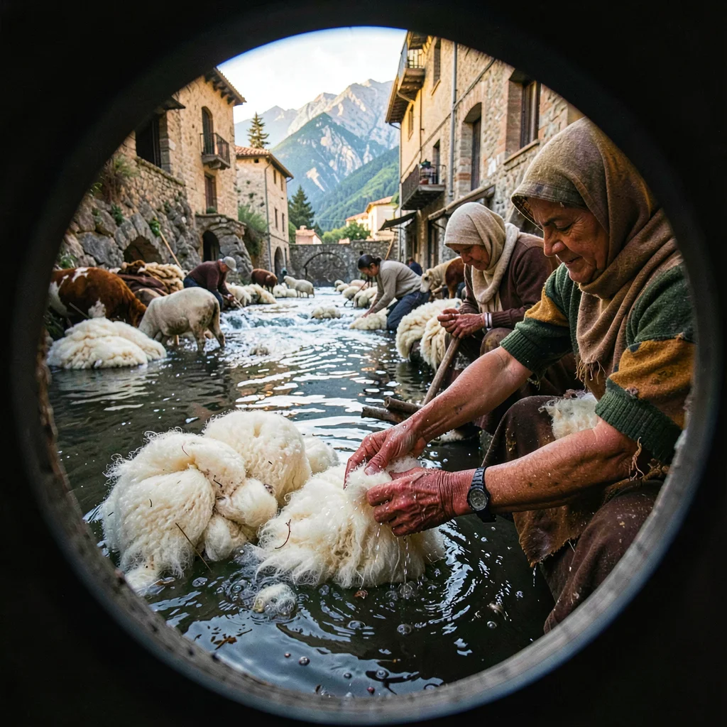 Through the Fes tannery eye, leather and dye craft, Women washing wool in a moun