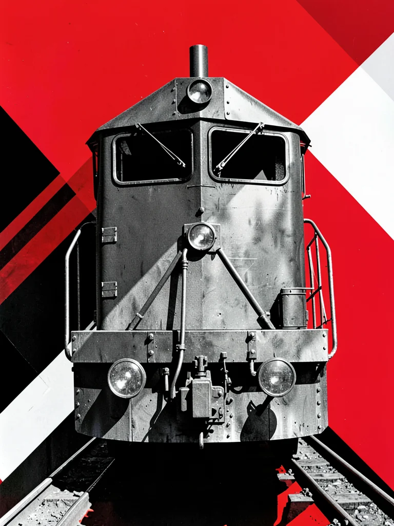 Locomotive front-on, angular steel mass with bold diagonal shadow slashes