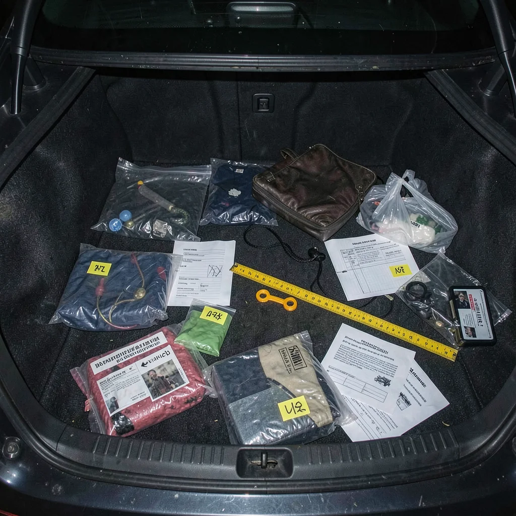 Car trunk contents spread out with forensic documentation aesthetic