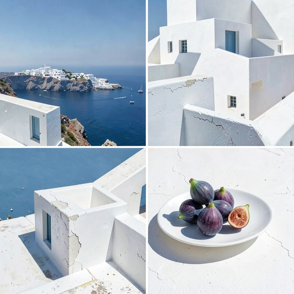 Cycladic whitewash study, Greek island lime, Fresh figs on a white ceramic plate