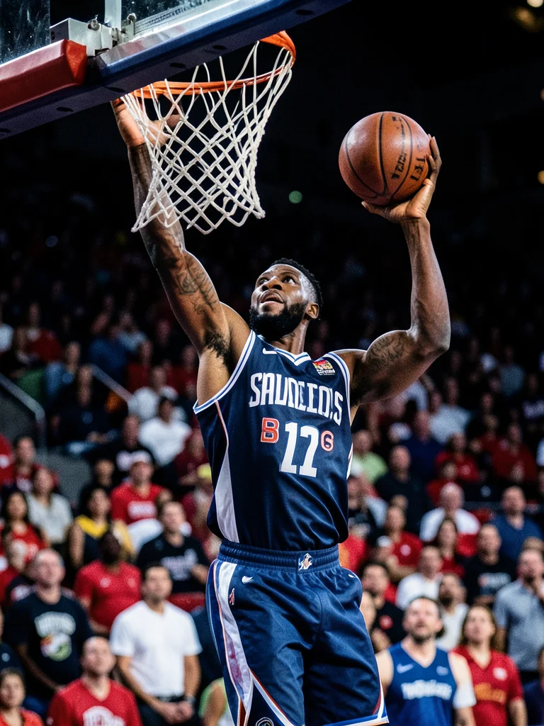 Basketball player going up for a slam dunk, ball in one hand, crowd blurred behi