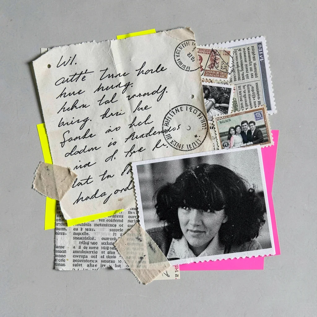 Collage of overlapping handwritten note scraps, postage stamps, and a clipped ph