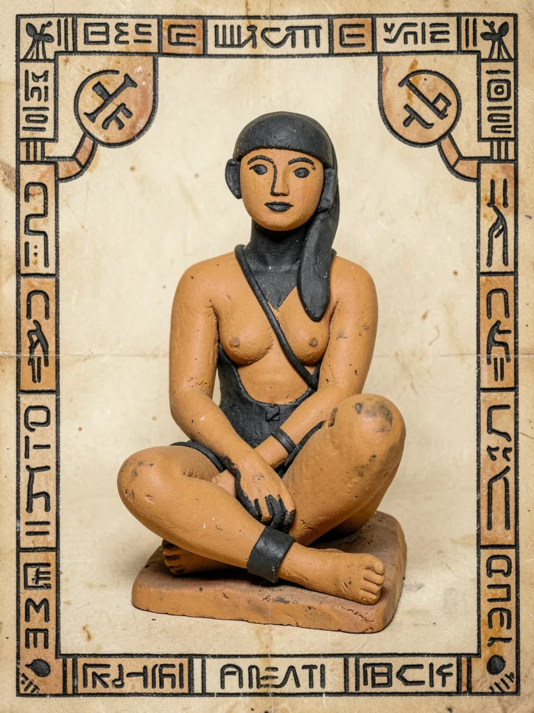 Clay figurine — abstract seated human form, ochre and black pigment — close-up