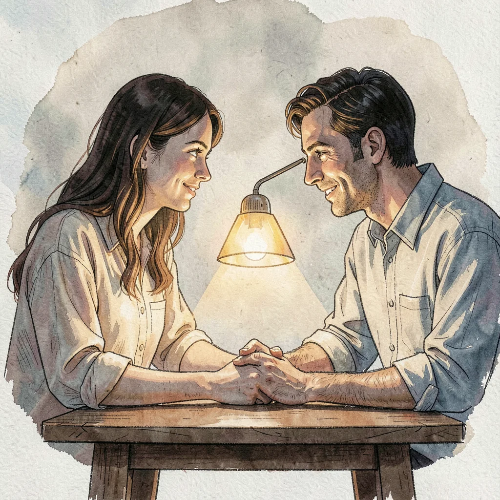 Portrait of a couple holding hands across a low table, warm lamplight pooling be
