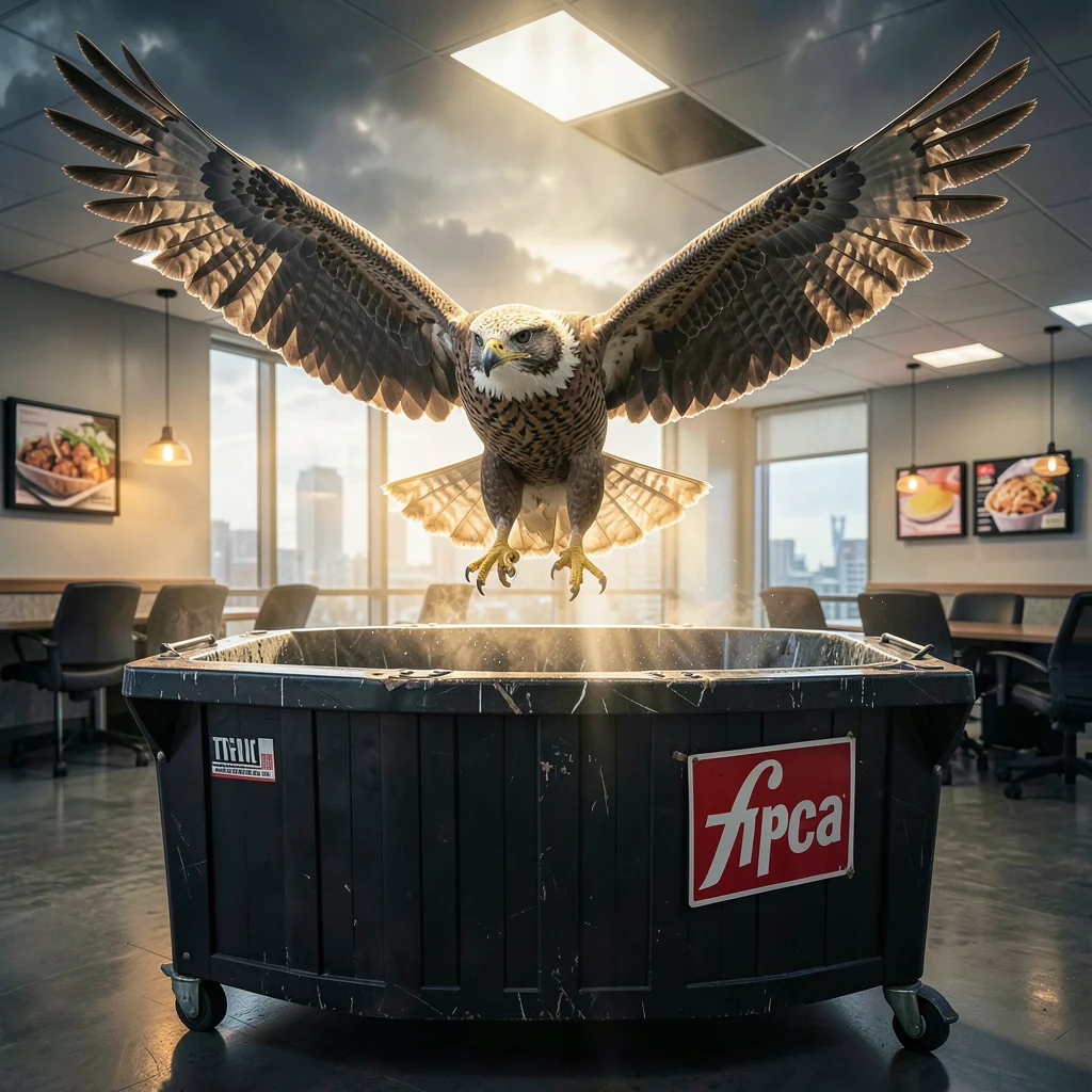 Soaring hawk with wings spread above a fast food dumpster area