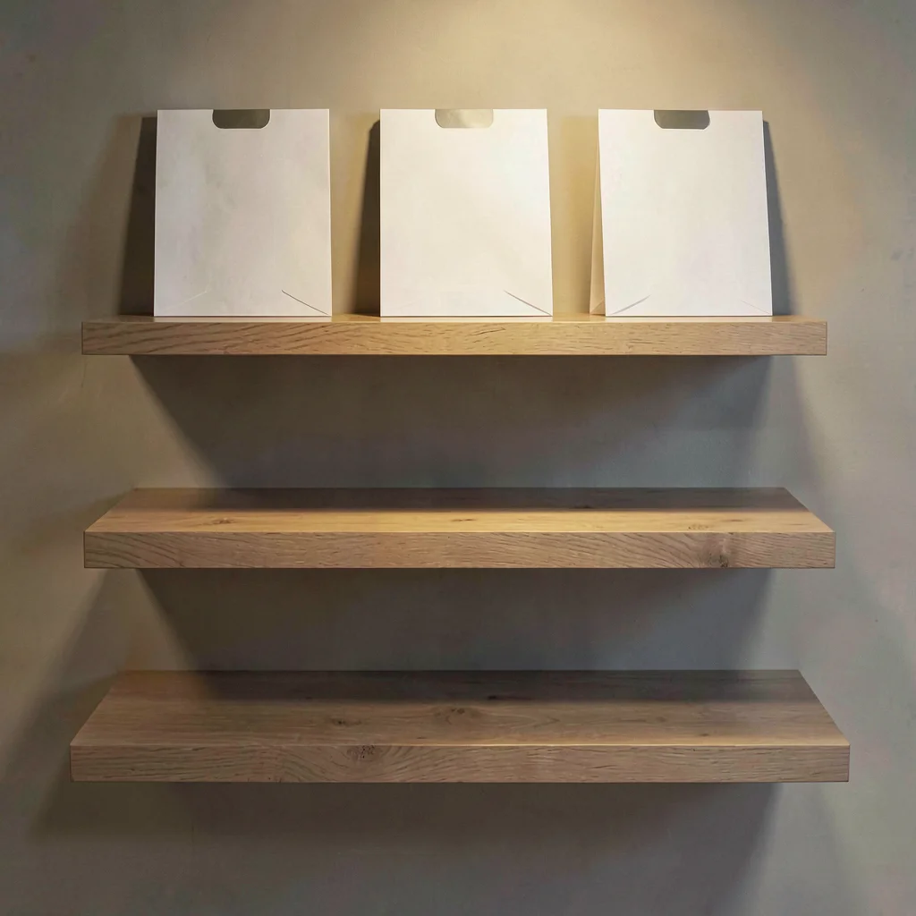 Tiered shelf display of three abstract folder mockups stepping back into depth, 