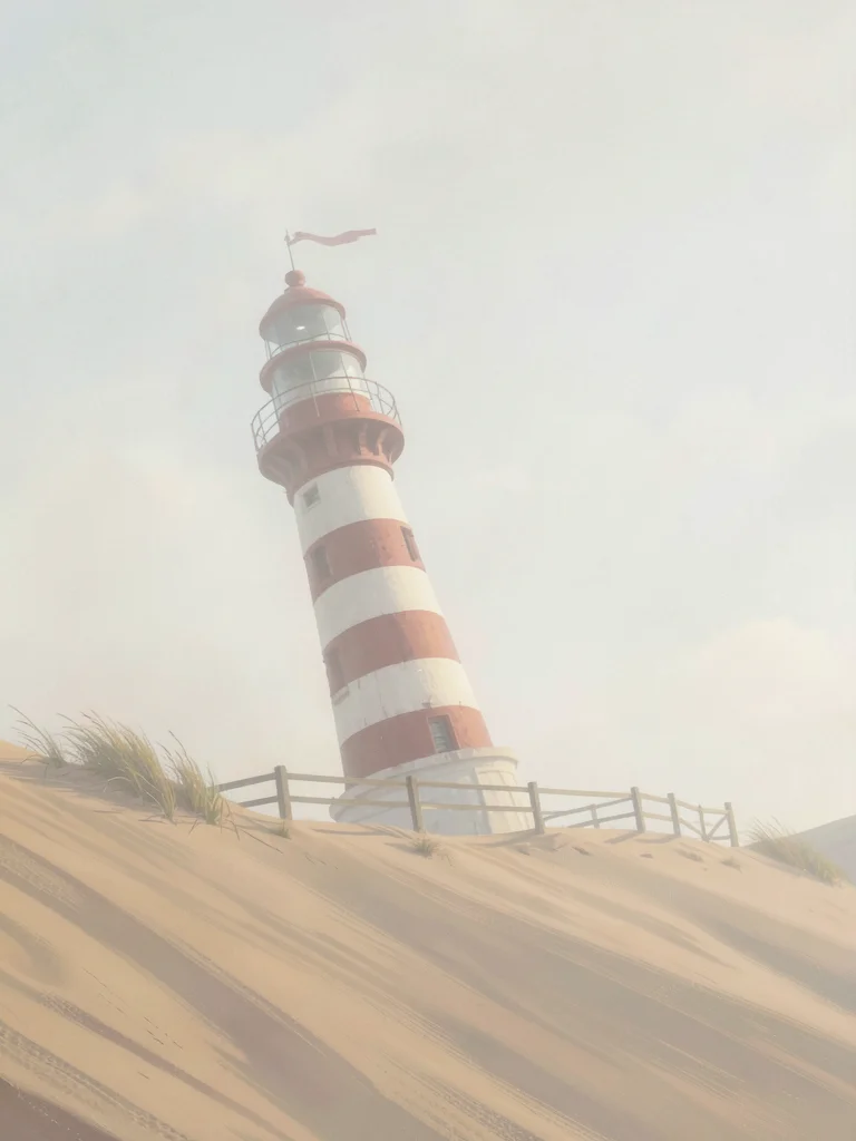 Leaning daymark on a sand dune, no light at all, only its painted stripes catchi