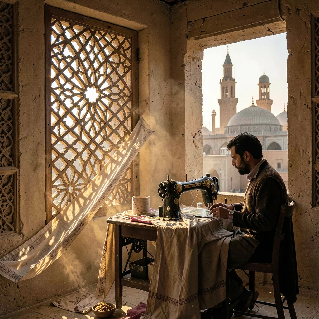 Islamic Cairo geometry, medieval city light, tailor working at sewing machine by