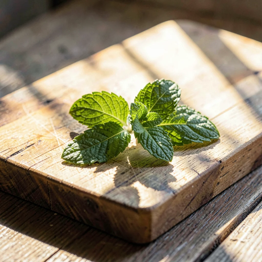 Single sprig of fresh mint on a wooden cutting board with sun streaks
