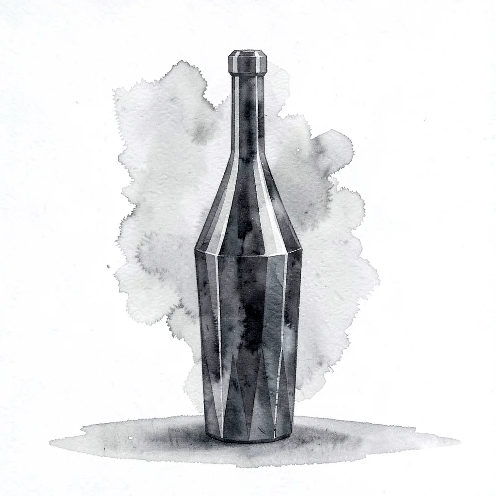 Sleek obsidian lowpoly bottle of wine with a tall faceted dark body and a slim c